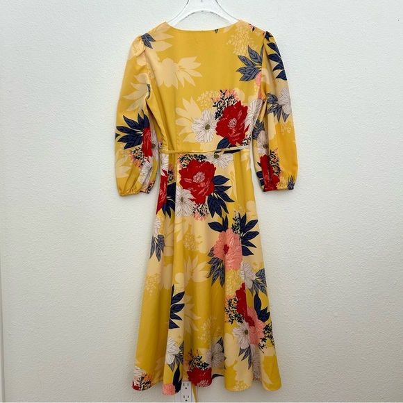 Eliza J Wrap Midi Dress Floral Puff Sleeve Fall Yellow Red Blue Size 2P Petite - Picture 11 of 14